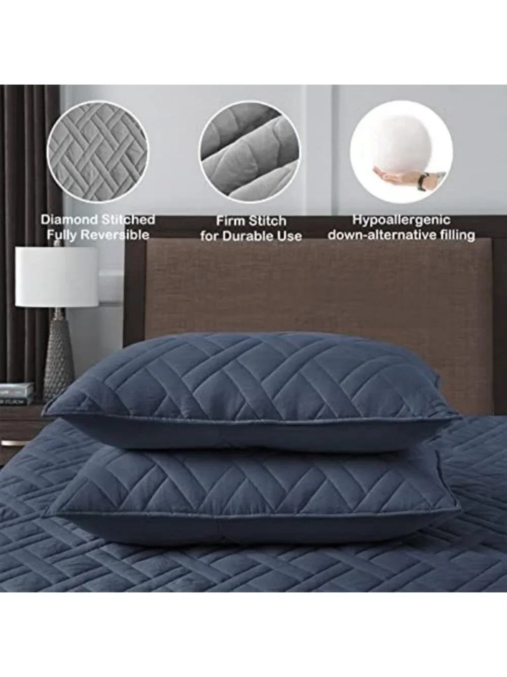 Navy Blue Queen Quilt Set - Soft Microfiber, Geometric Diamond Pattern